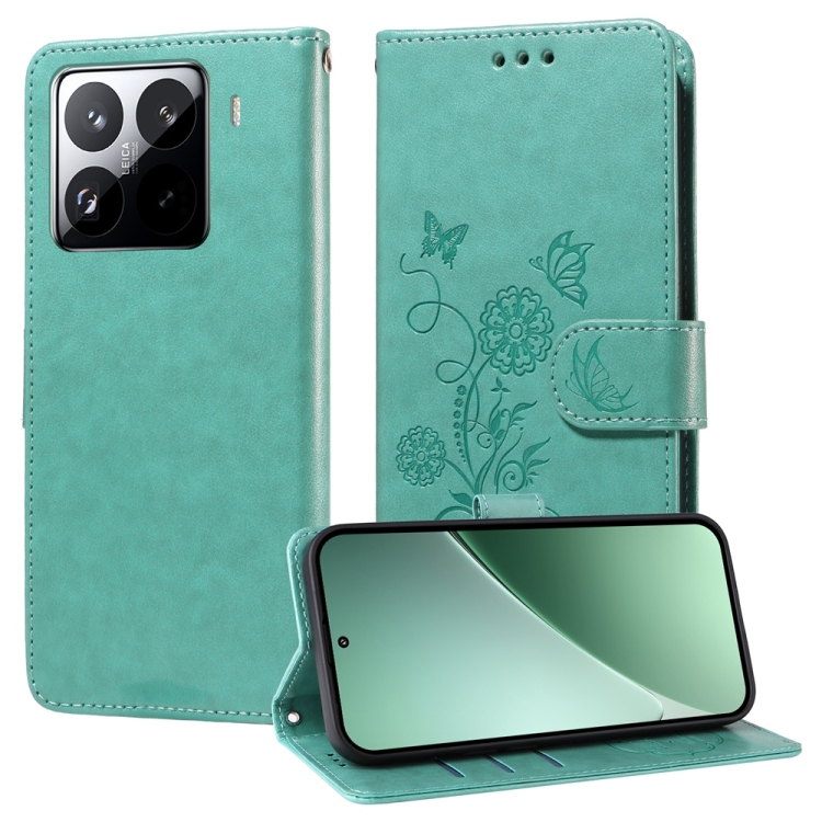 

For Xiaomi 15 Pro Embossed Butterfly Flowers Leather Phone Case(Green)