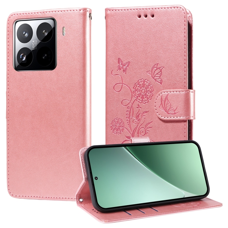 

For Xiaomi 15 Pro Embossed Butterfly Flowers Leather Phone Case(Rose Gold)