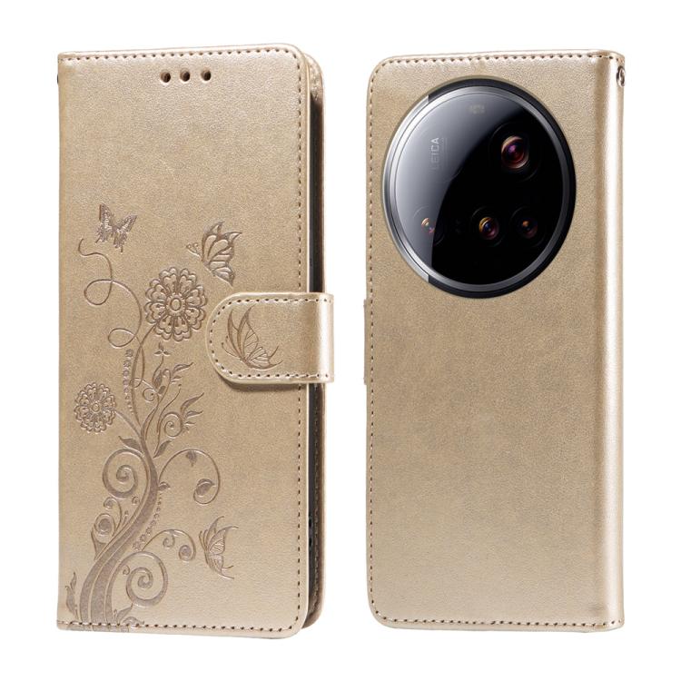 

For Xiaomi 15 Ultra Embossed Butterfly Flowers Leather Phone Case(Gold)