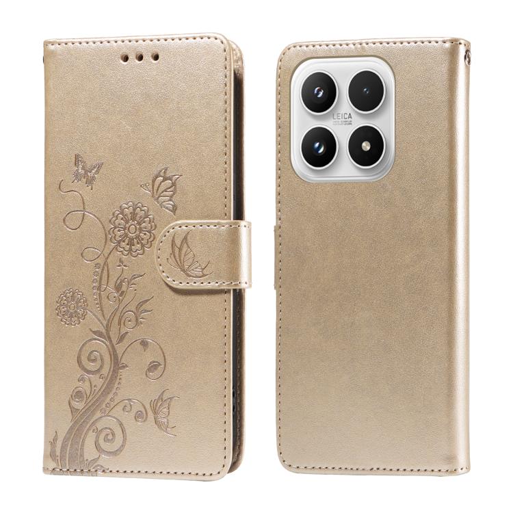 

For Xiaomi 17 Embossed Butterfly Flowers Leather Phone Case(Gold)