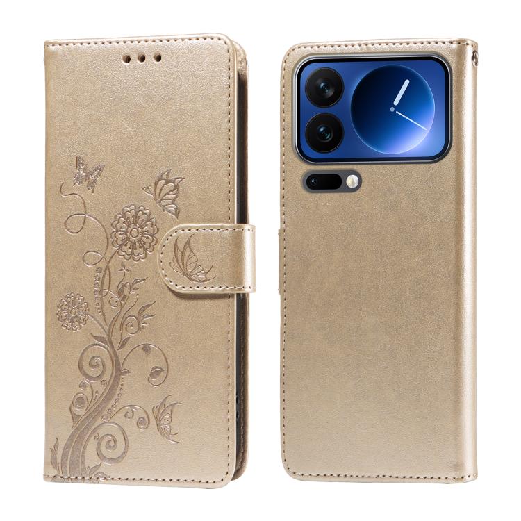 

For Xiaomi 17 Pro Embossed Butterfly Flowers Leather Phone Case(Gold)