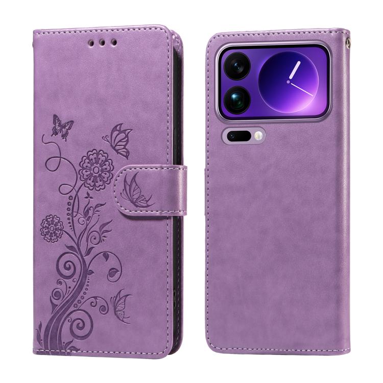 

For Xiaomi 17 Pro Max Embossed Butterfly Flowers Leather Phone Case(Purple)