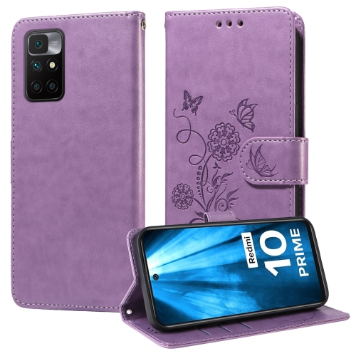 

For Redmi 10 2022 / 10 Prime Embossed Butterfly Flowers Leather Phone Case(Purple)