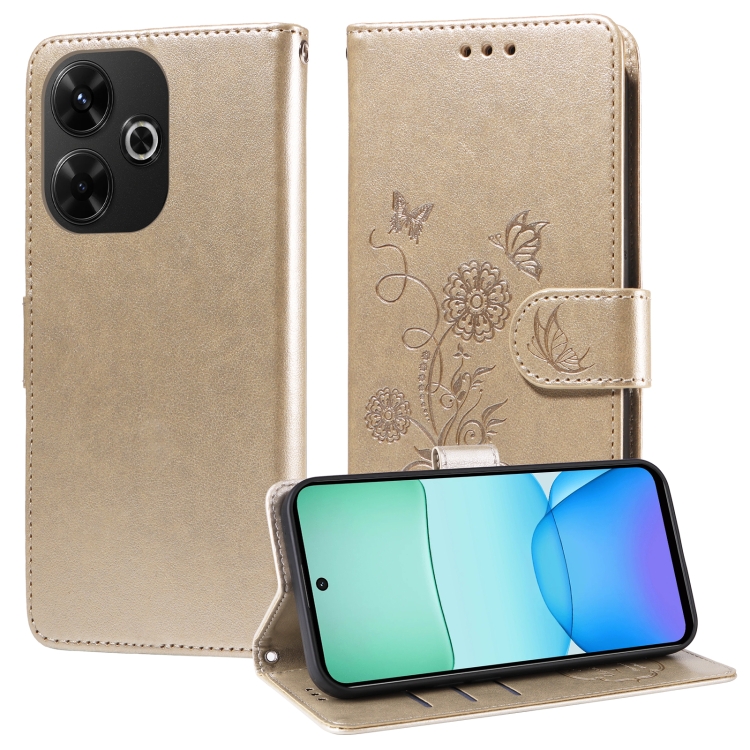 

For Redmi 13 4G / Note 13R Embossed Butterfly Flowers Leather Phone Case(Gold)