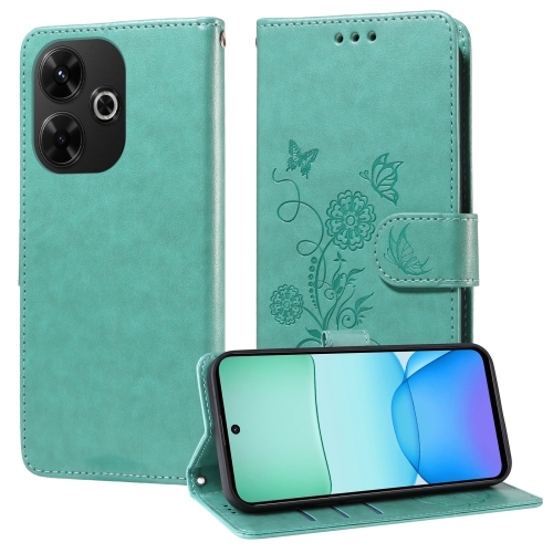 

For Redmi 13 4G / Note 13R Embossed Butterfly Flowers Leather Phone Case(Green)