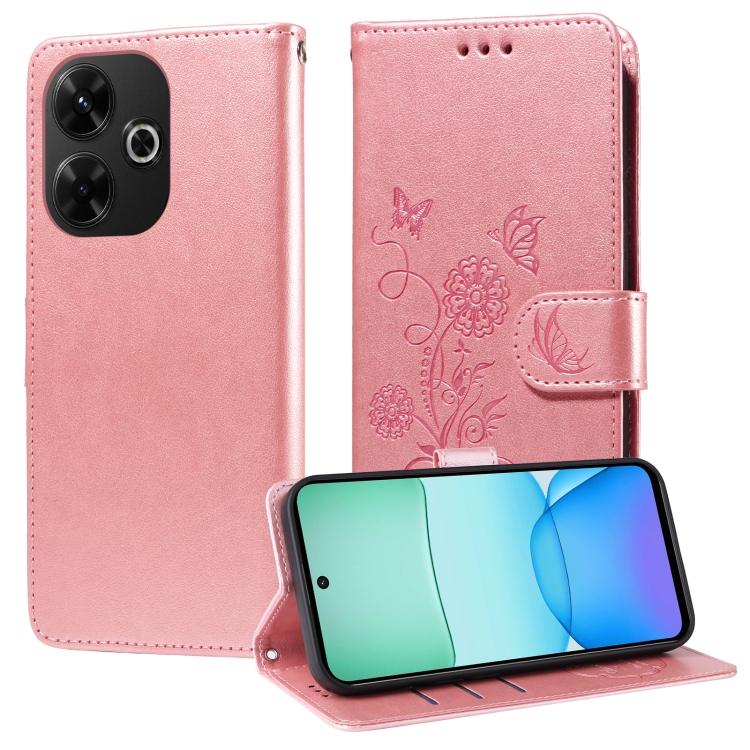 

For Redmi 13 4G / Note 13R Embossed Butterfly Flowers Leather Phone Case(Rose Gold)
