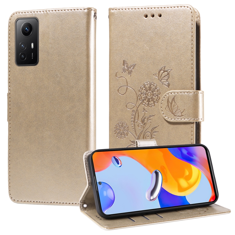 

For Redmi Note 12S 4G Global Embossed Butterfly Flowers Leather Phone Case(Gold)