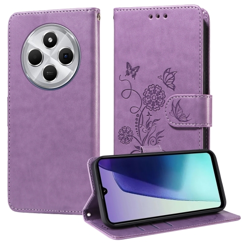 

For Redmi 14C Embossed Butterfly Flowers Leather Phone Case(Purple)
