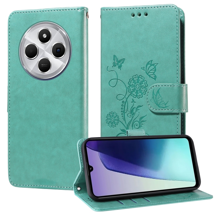

For Redmi 14C Embossed Butterfly Flowers Leather Phone Case(Green)
