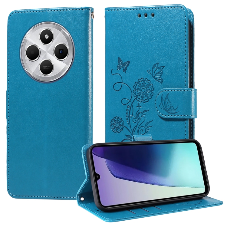 

For Redmi 14C Embossed Butterfly Flowers Leather Phone Case(Blue)