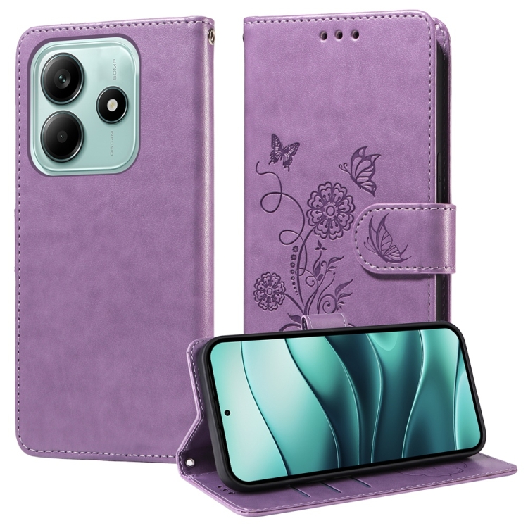 

For Redmi Note 14 5G Embossed Butterfly Flowers Leather Phone Case(Purple)