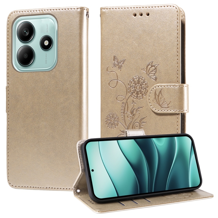 

For Redmi Note 14 5G Embossed Butterfly Flowers Leather Phone Case(Gold)