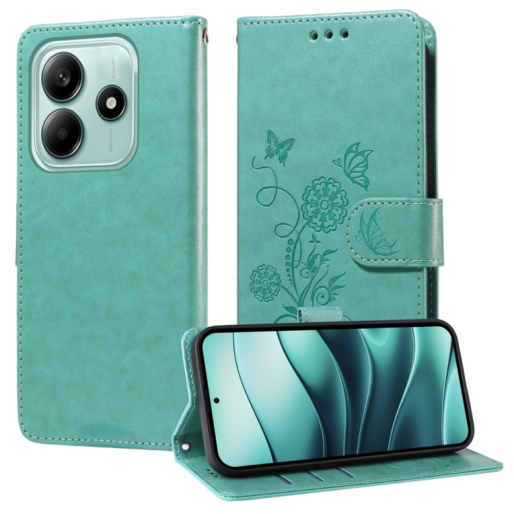 

For Redmi Note 14 5G Embossed Butterfly Flowers Leather Phone Case(Green)