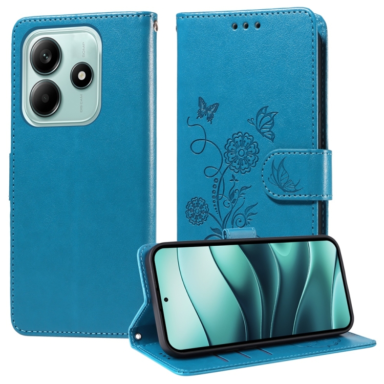 

For Redmi Note 14 5G Embossed Butterfly Flowers Leather Phone Case(Blue)