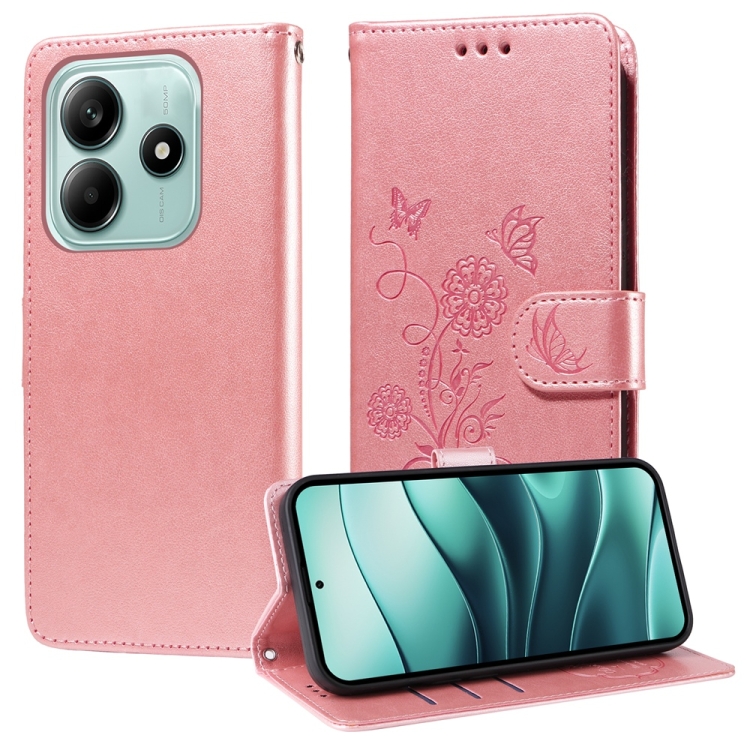 

For Redmi Note 14 5G Embossed Butterfly Flowers Leather Phone Case(Rose Gold)