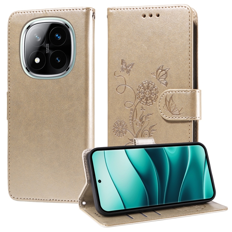 

For Redmi Note 14 Pro 5G / Note 14 Pro+ 5G Embossed Butterfly Flowers Leather Phone Case(Gold)