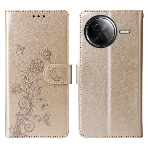 

For Redmi K80 Pro Embossed Butterfly Flowers Leather Phone Case(Gold)