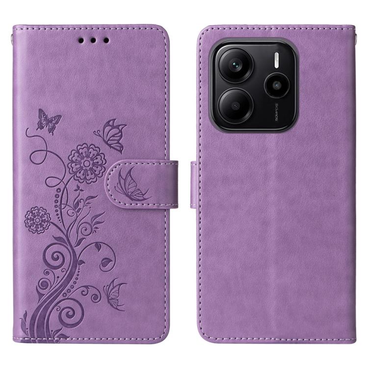 

For Redmi Note 14 4G 163.25mm Global Embossed Butterfly Flowers Leather Phone Case(Purple)