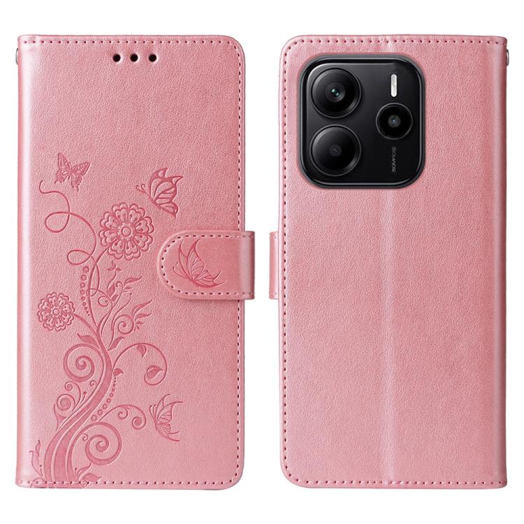 

For Redmi Note 14 4G 163.25mm Global Embossed Butterfly Flowers Leather Phone Case(Rose Gold)