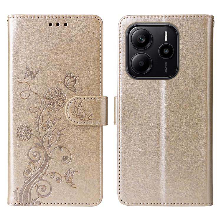 

For Redmi Note 14 4G 164.84mm Embossed Butterfly Flowers Leather Phone Case(Gold)