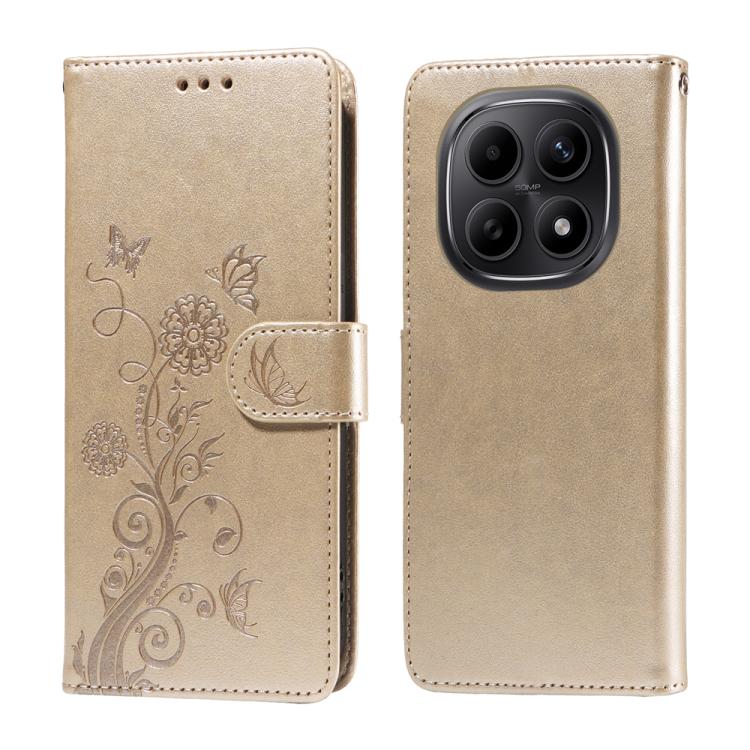 

For Redmi Note 15 5G Global 164mm Embossed Butterfly Flowers Leather Phone Case(Gold)
