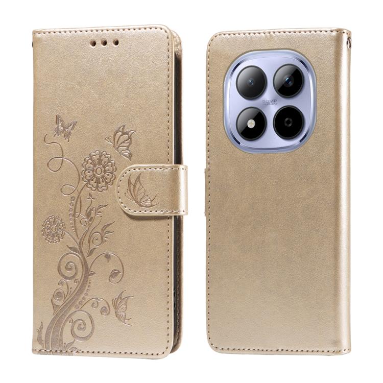 

For Redmi Note 15 Pro 5G Global 163.6mm Embossed Butterfly Flowers Leather Phone Case(Gold)