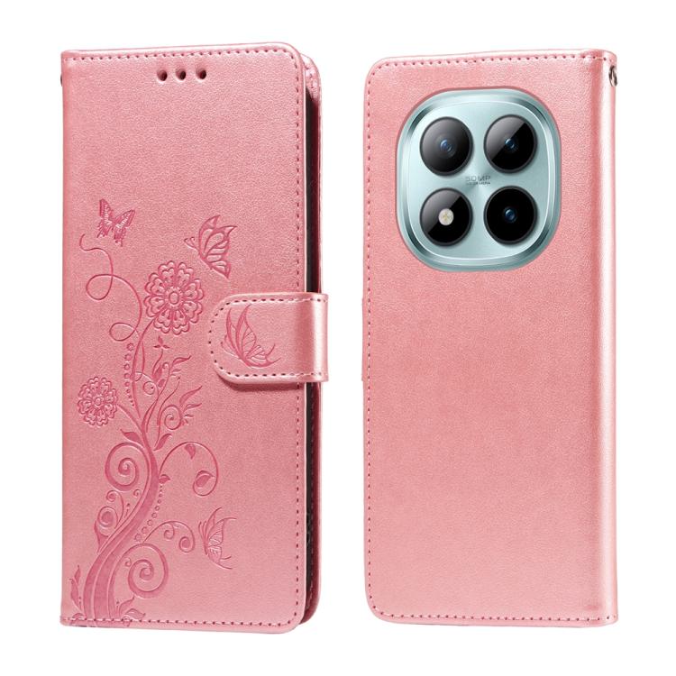 

For Redmi Note 15 Pro+ 5G Global 163.3mm Embossed Butterfly Flowers Leather Phone Case(Rose Gold)