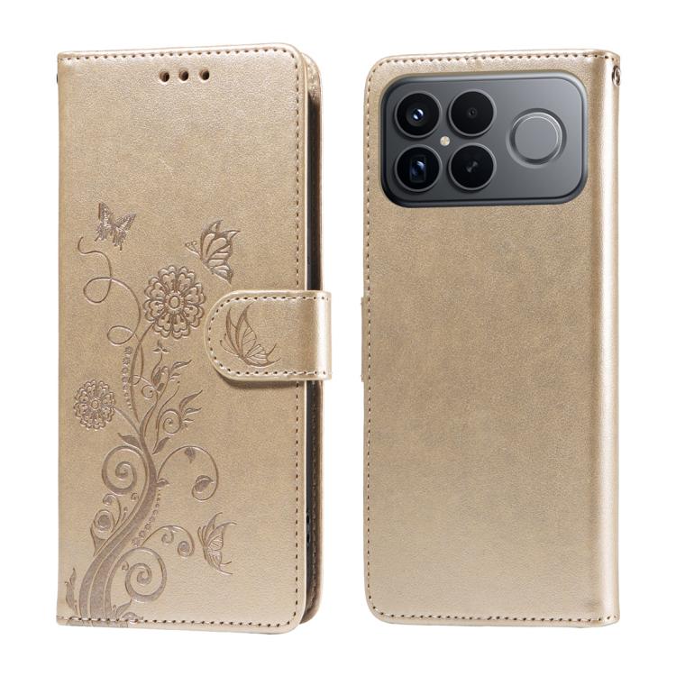 

For Redmi K90 Pro Max / Xiaomi Poco F8 Ultra 5G Embossed Butterfly Flowers Leather Phone Case(Gold)