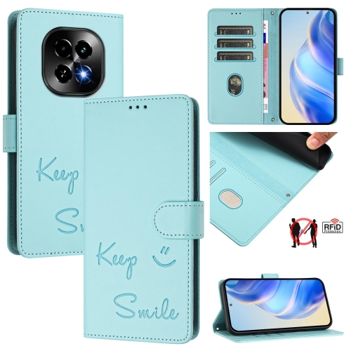 

For Realme C63 5G Global Smile Embossing RFID Leather Phone Case(Mint Green)