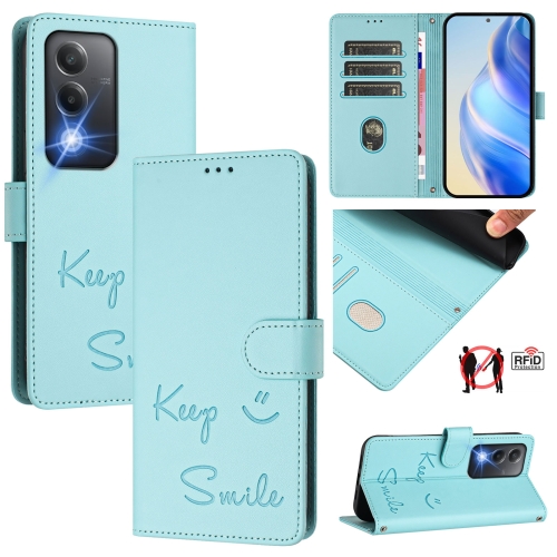 

For OPPO A80 5G EU Smile Embossing RFID Leather Phone Case(Mint Green)