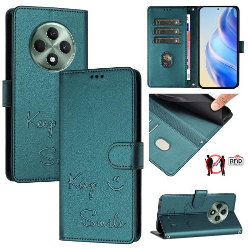 

For OPPO Reno12 F 5G Global Smile Embossing RFID Leather Phone Case(Peacock Green)