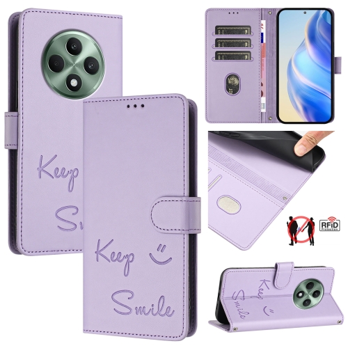 

For OPPO Reno12 F 5G Global Smile Embossing RFID Leather Phone Case(Light Purple)