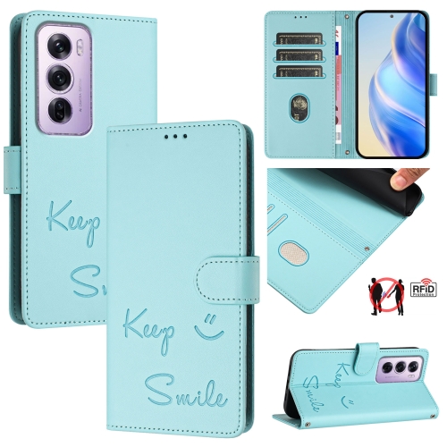 

For OPPO Reno12 Pro Global Smile Embossing RFID Leather Phone Case(Mint Green)