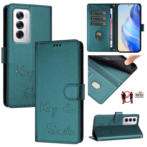 

For OPPO Reno12 Global Smile Embossing RFID Leather Phone Case(Peacock Green)