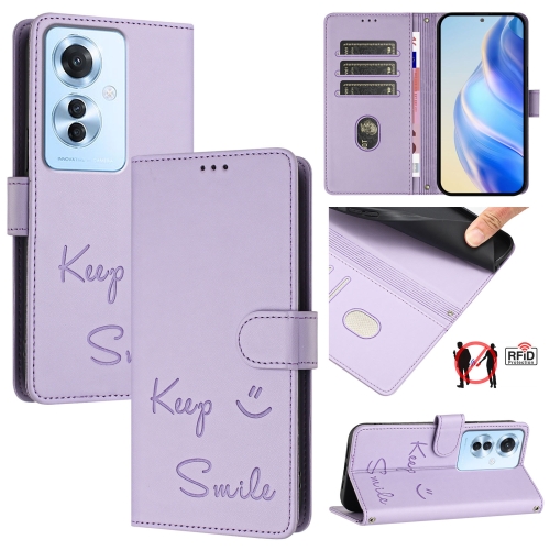 

For OPPO Reno11 F 5G Global Smile Embossing RFID Leather Phone Case(Light Purple)