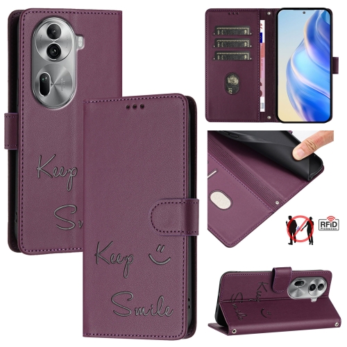 

For OPPO Reno11 Pro 5G Global Smile Embossing RFID Leather Phone Case(Violet)