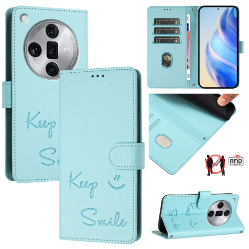 

For OPPO Find X7 Ultra Smile Embossing RFID Leather Phone Case(Mint Green)