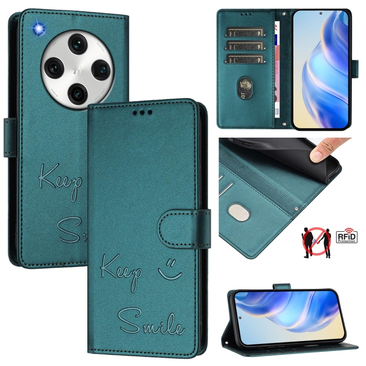 

For OPPO Find X8 Pro Smile Embossing RFID Leather Phone Case(Peacock Green)