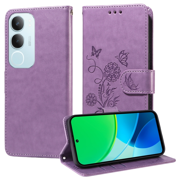 

For vivo Y19s Embossed Butterfly Flowers Leather Phone Case(Purple)