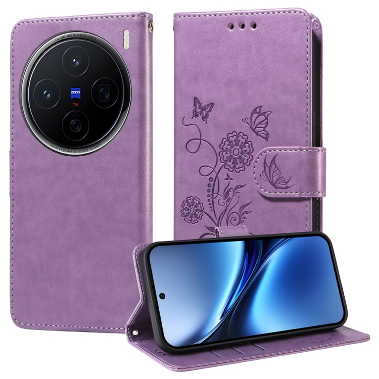 

For vivo X200 Embossed Butterfly Flowers Leather Phone Case(Purple)