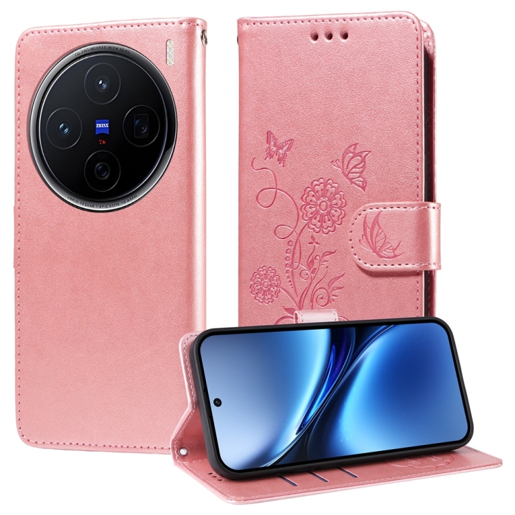 

For vivo X200 Embossed Butterfly Flowers Leather Phone Case(Rose Gold)