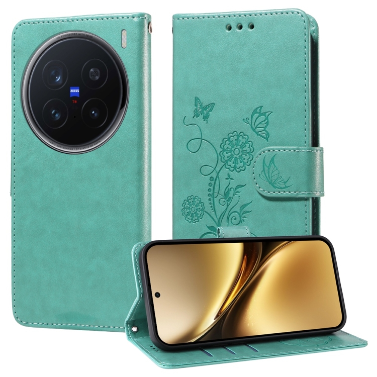

For vivo X200 Pro Embossed Butterfly Flowers Leather Phone Case(Green)