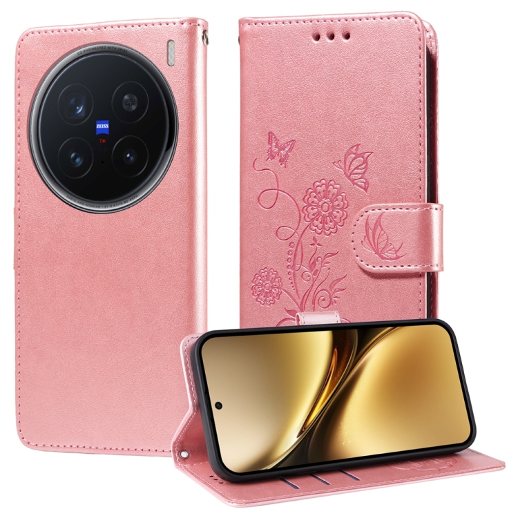 

For vivo X200 Pro Embossed Butterfly Flowers Leather Phone Case(Rose Gold)