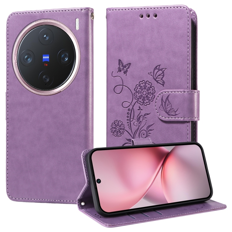 

For vivo X200 Pro mini Embossed Butterfly Flowers Leather Phone Case(Purple)