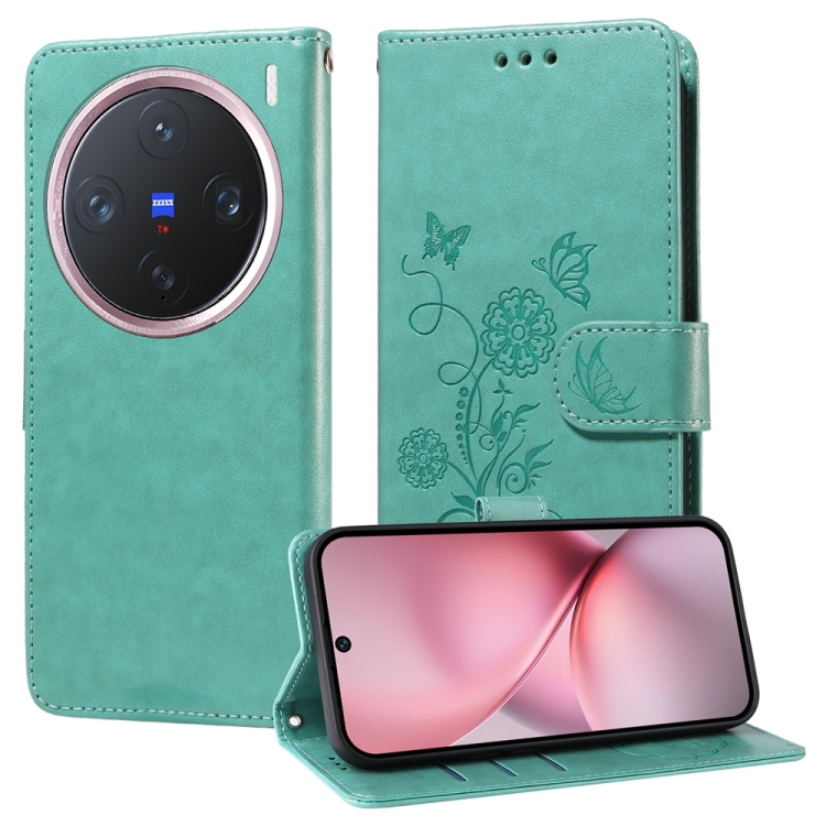 

For vivo X200 Pro mini Embossed Butterfly Flowers Leather Phone Case(Green)