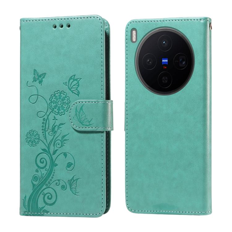 

For vivo X300 Embossed Butterfly Flowers Leather Phone Case(Green)