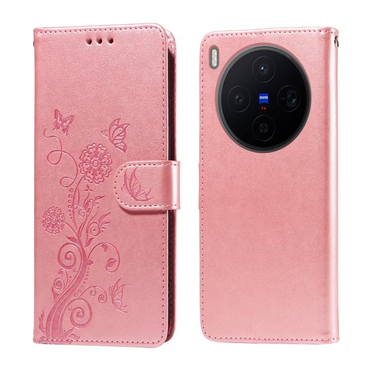 

For vivo X300 Embossed Butterfly Flowers Leather Phone Case(Rose Gold)