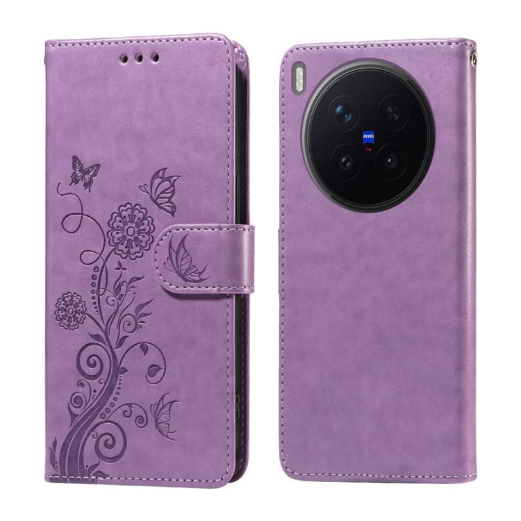 

For vivo X300 Pro Embossed Butterfly Flowers Leather Phone Case(Purple)