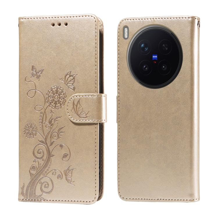 

For vivo X300 Pro Embossed Butterfly Flowers Leather Phone Case(Gold)