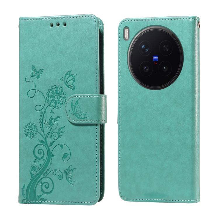 

For vivo X300 Pro Embossed Butterfly Flowers Leather Phone Case(Green)